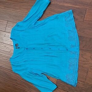 New Directions Teal Button-Up Blouse with Embroidered Hem size 1X